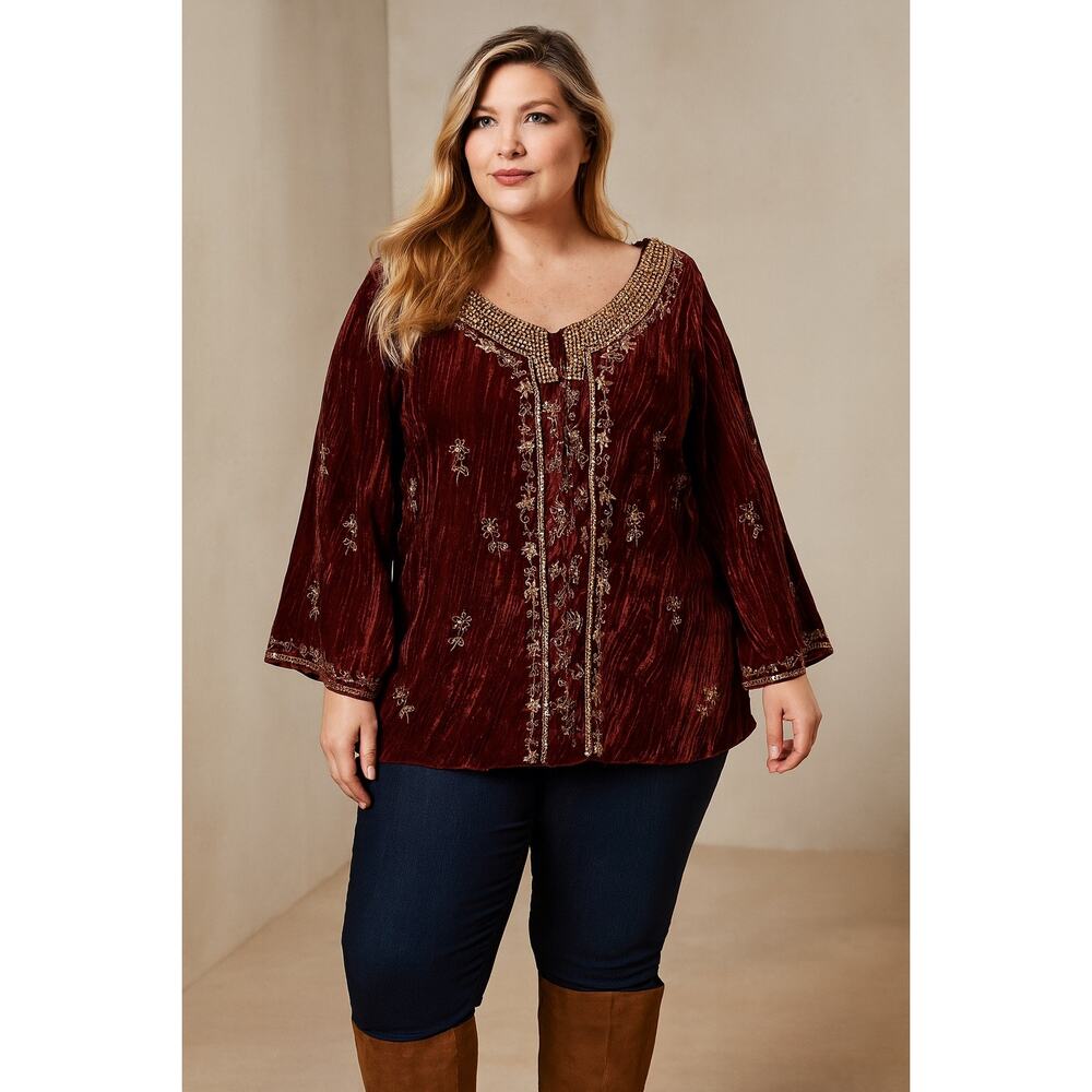 E by ECI Velvet Embroidered Top | Beaded Detail Boho Holiday Blouse | 22W